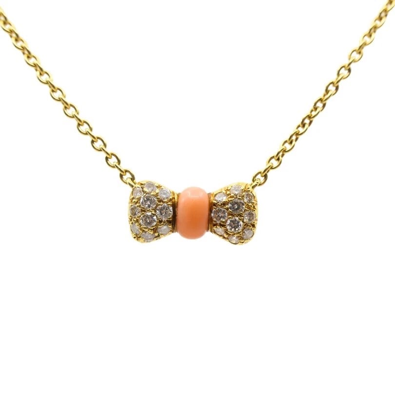 Van Cleef & Arpels Necklace 18k Gold Coral Diamond Bow Pendant - 5