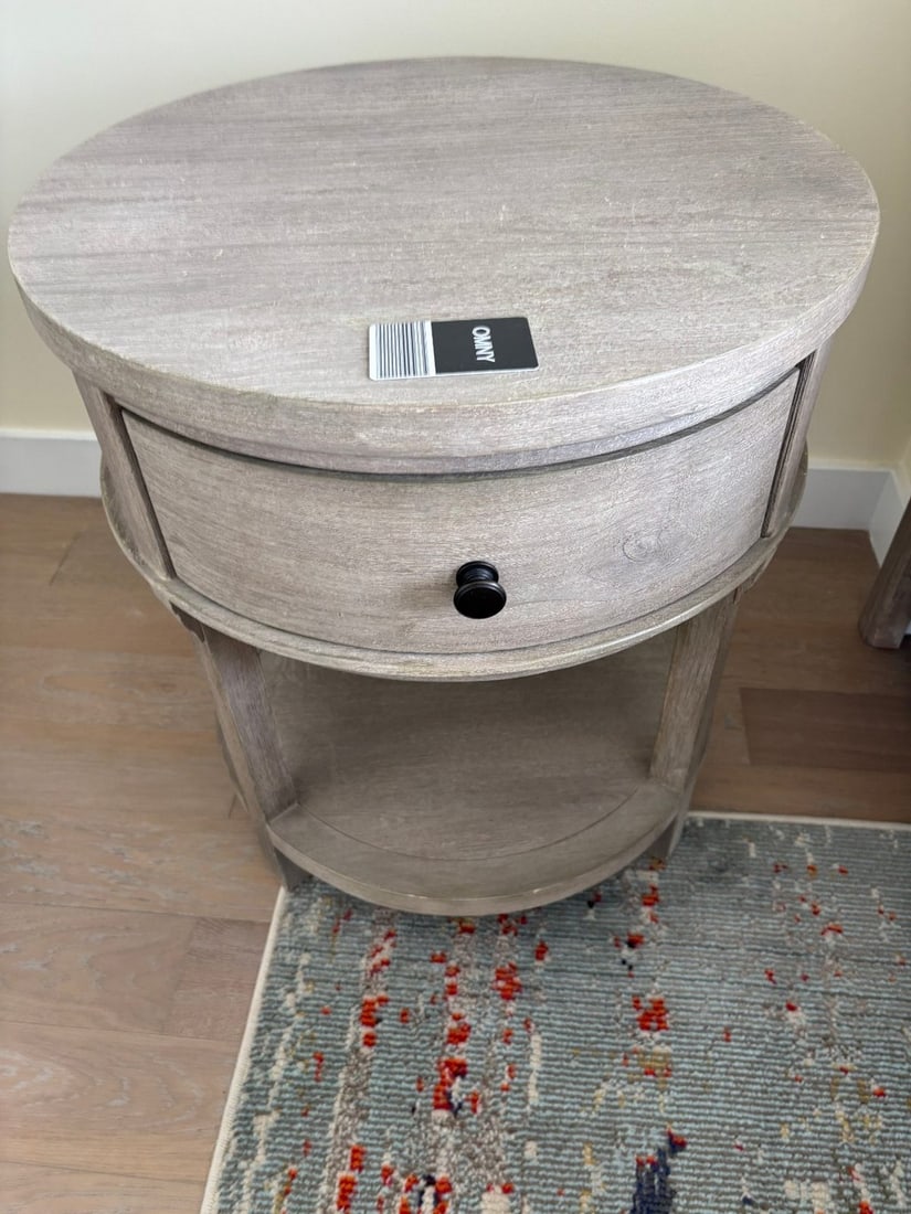 Contemporary Round Wood Nightstand with Drawer and Shelf - 2