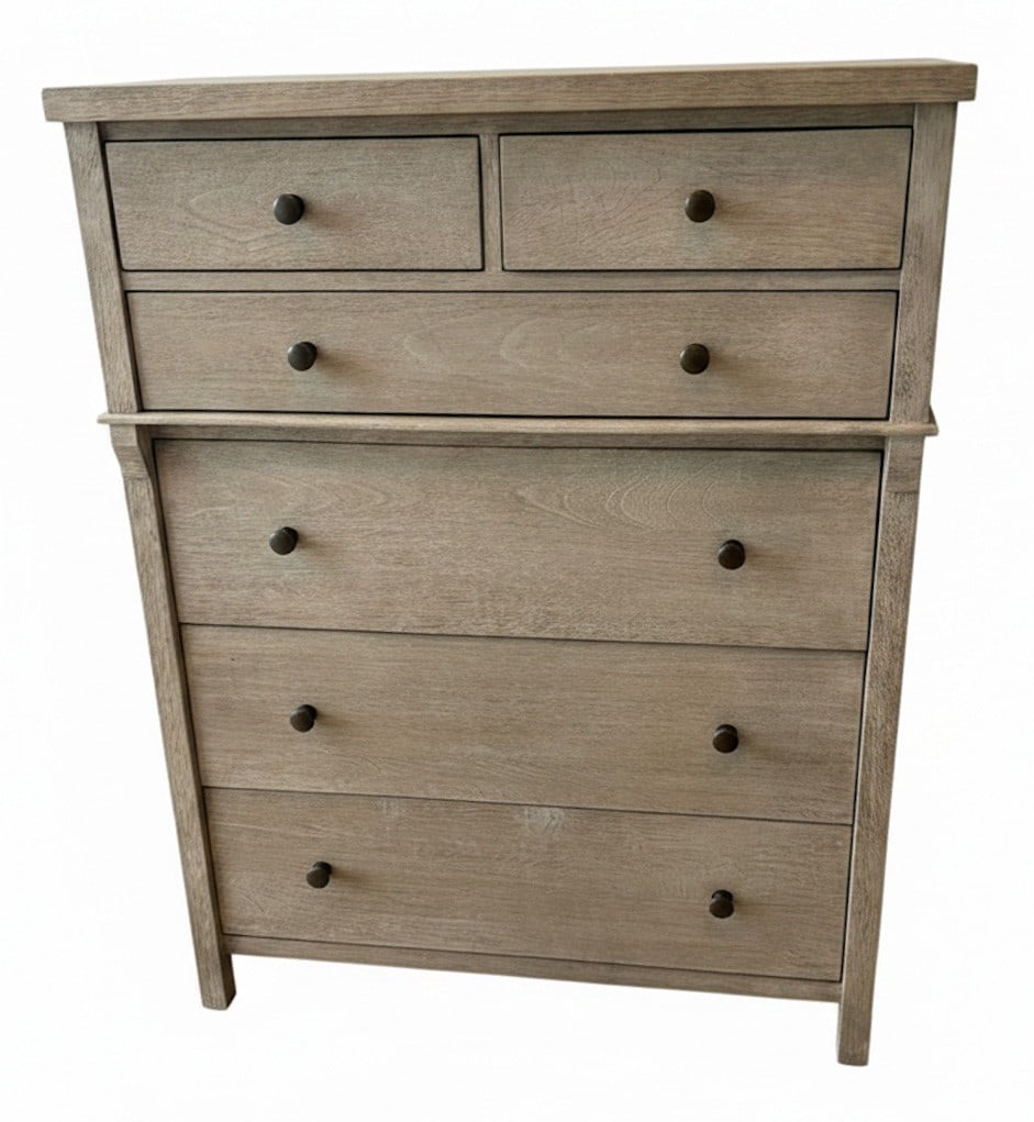 Contemporary Bleached Oak Tall Chest of Drawers: A contemporary tall chest of drawers crafted from bleached oak, featuring a total of six drawers with dark metal knob pulls. The top section presents two smaller aligned drawers, while the bottom
