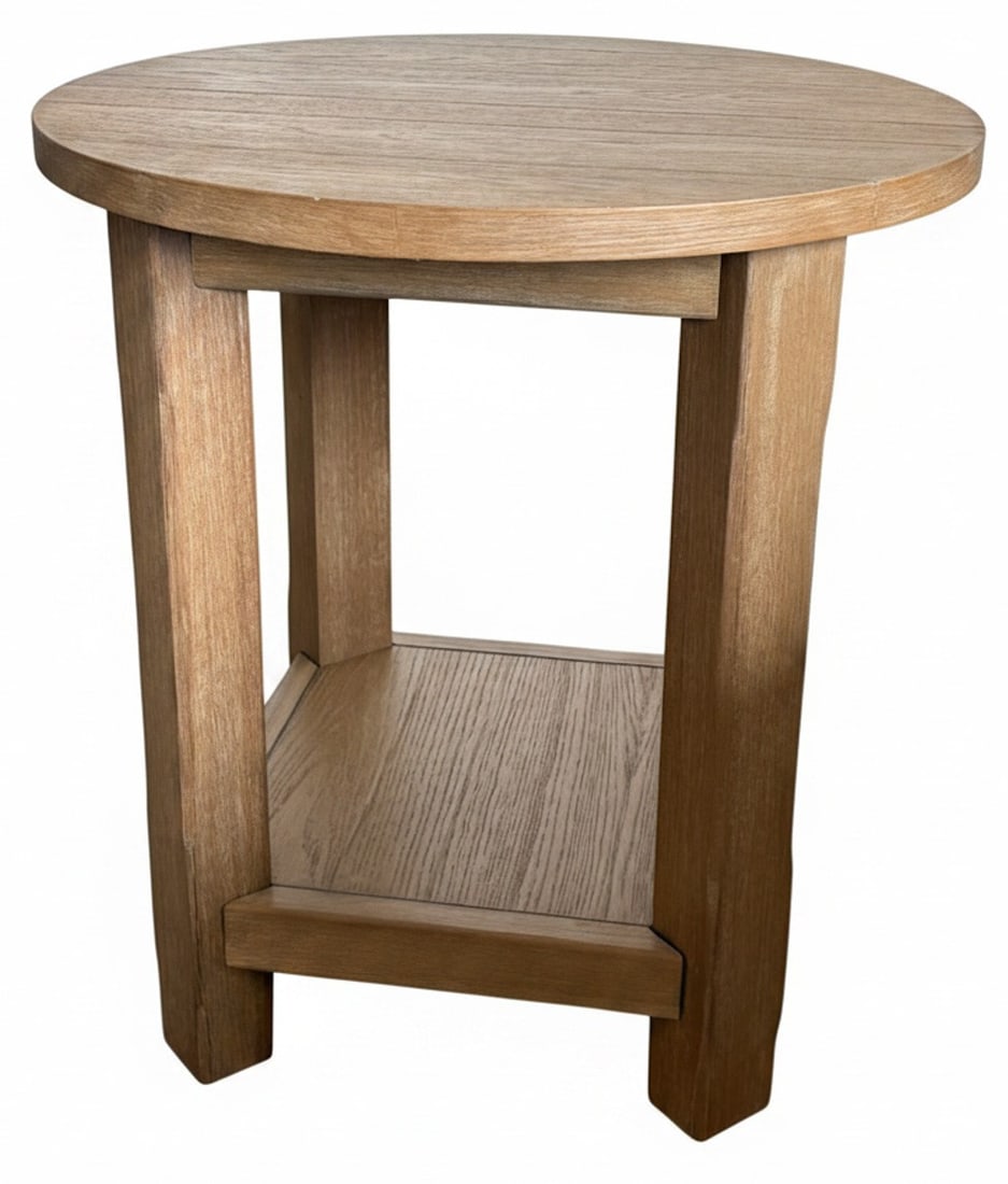 Contemporary Round Wood Side Table: A contemporary round side table crafted from light-toned wood, featuring a slatted top and a lower display shelf. Its minimalist design and natural finish make it suitable for various interior