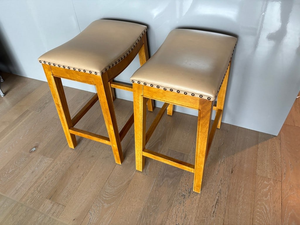 Pair of Wooden Counter Stools with Upholstered Seats - 2