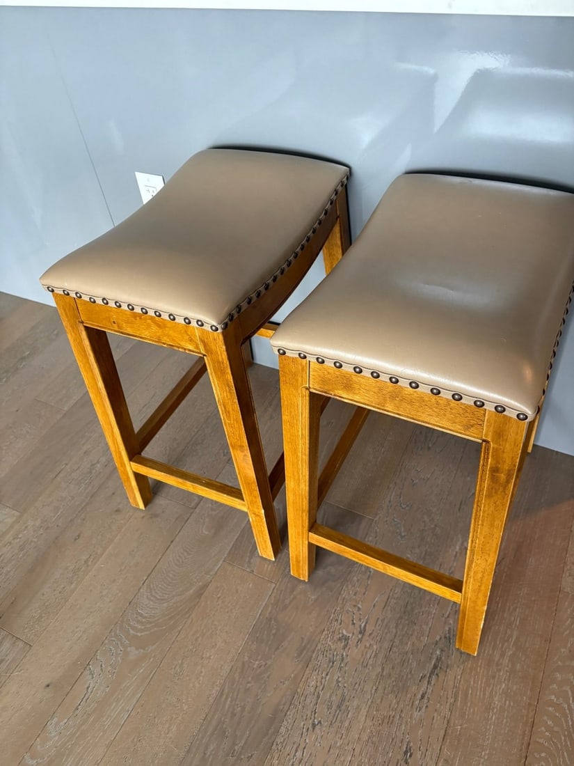 Pair of Wooden Counter Stools with Upholstered Seats - 4
