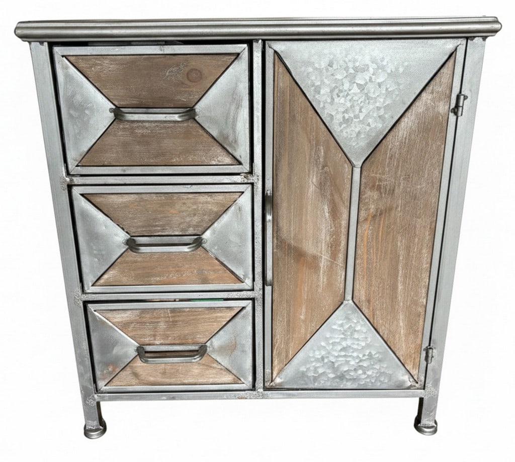 Industrial Style Galvanized Metal and Wood Cabinet: This industrial-style cabinet features a distressed galvanized metal frame and reclaimed wood panels. It has three drawers with metal pulls on the left and a cabinet with a single door on the right.