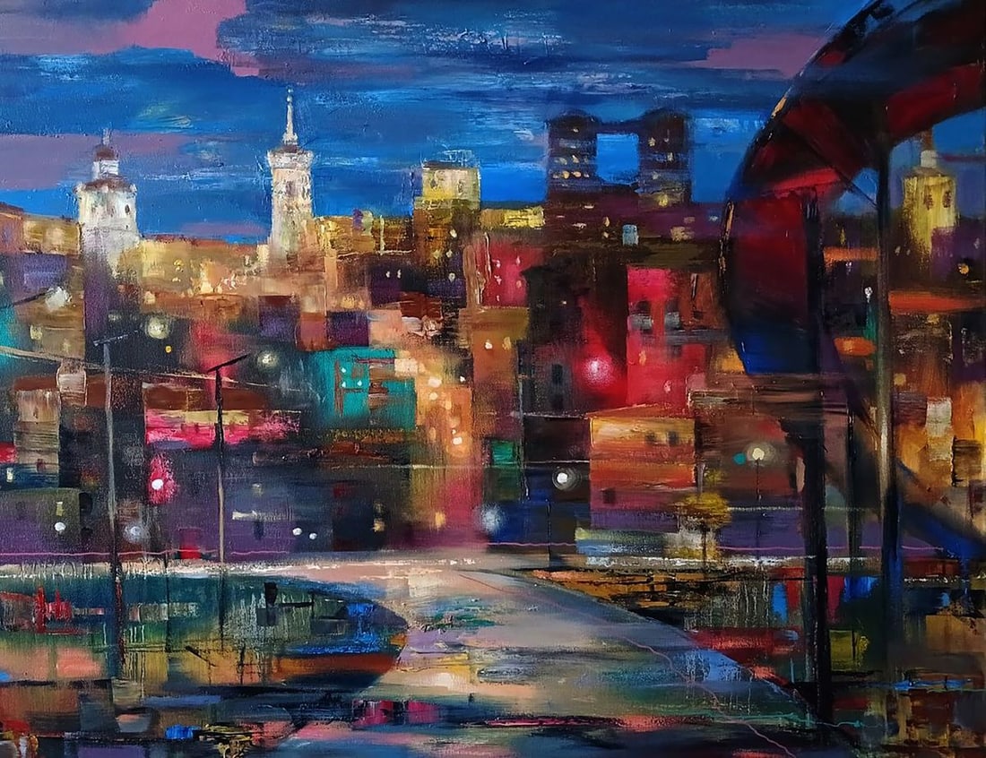 Abstract oil painting Night City Anatoly Tarabanov: Tar 437Abstract oil painting Night City Anatoly Tarabanov is a striking urban composition that showcases The artists exceptional mastery of light, color, and contemporary abstraction. The glowing