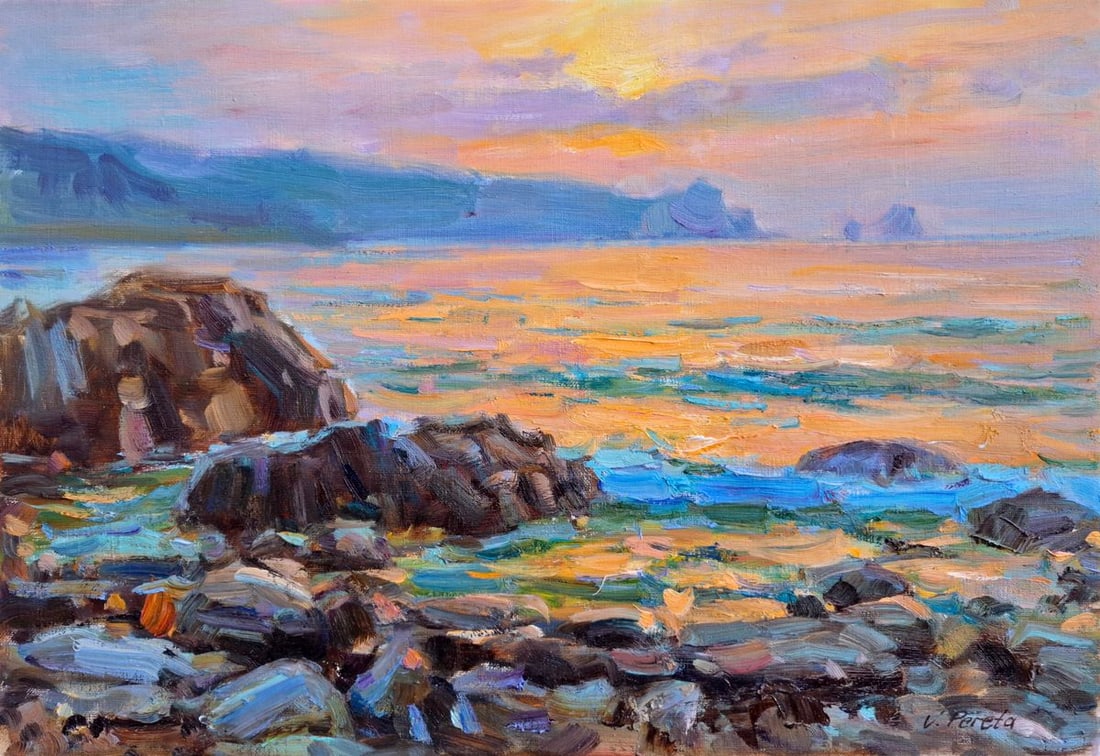 Oil painting Evening By The Sea Vyacheslav Pereta: Tep 167Oil painting Evening By The Sea Vyacheslav Pereta is a serene coastal landscape filled with glowing sunset reflections, gentle sea movement, and The calming atmosphere of a quiet evening shore.