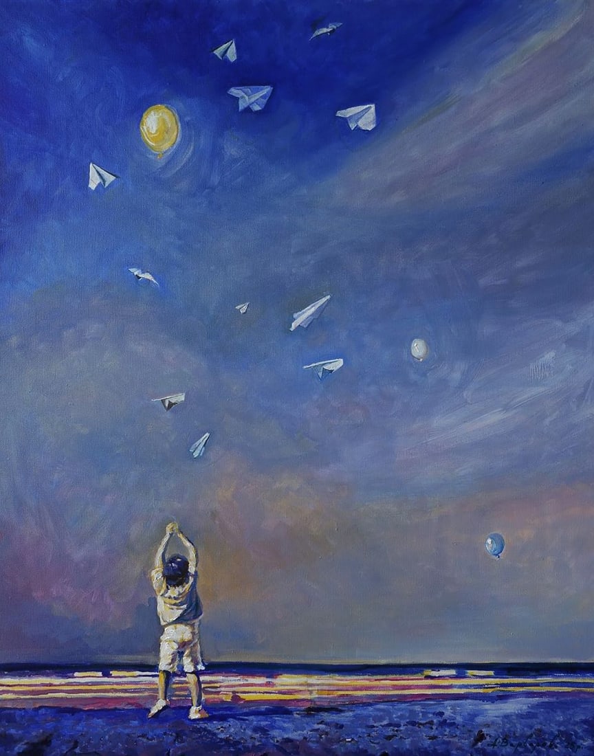 Oil painting White wings Anatoly Varvarov: Varv 231 The oil painting on canvas, titled "White Wings", captures a poignant moment of childhood wonder set against The vast expanse of The sky. A young child stands on an open landscape, arms reach