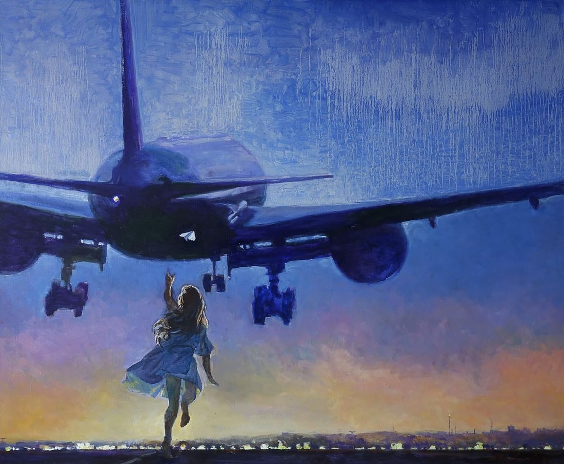 Oil painting Flight to the sky Anatoly Varvarov: Varv 233 The oil painting on canvas, titled "Flight to The Sky", captures a breathtaking and emotional moment where a young girl reaches toward The massive aircraft above her, as if trying to grasp Th