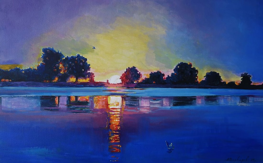 Oil painting Dialogue with silence Anatoly Varvarov: Varv 237 The oil painting on canvas titled "Dialogue with Silence" captures The serene and contemplative beauty of a sunset over a calm body of water. The horizon is ba Thed in The golden light of