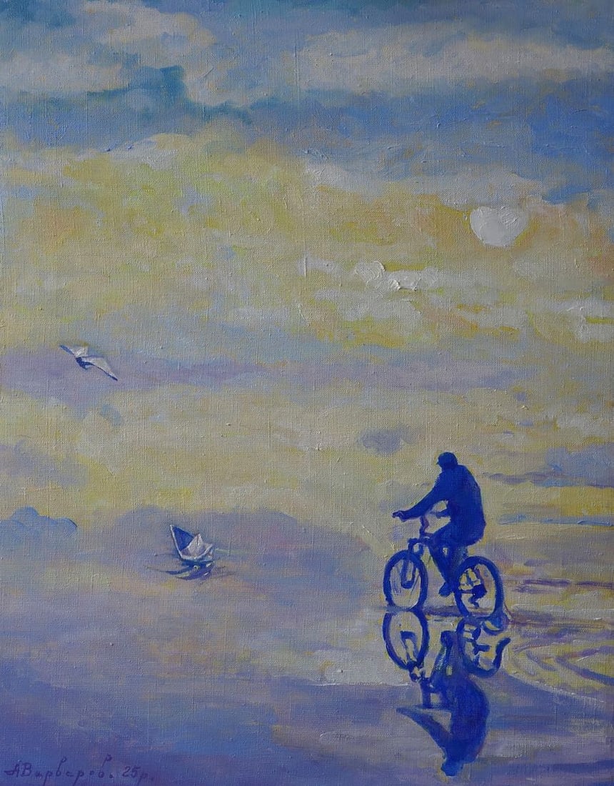 Oil painting On the road by bike Anatoly Varvarov: Varv 240 The oil painting on canvas titled "On The Road by Bike" captures a serene and dreamlike moment where reality and illusion seem to blend seamlessly. The composition features a solitary