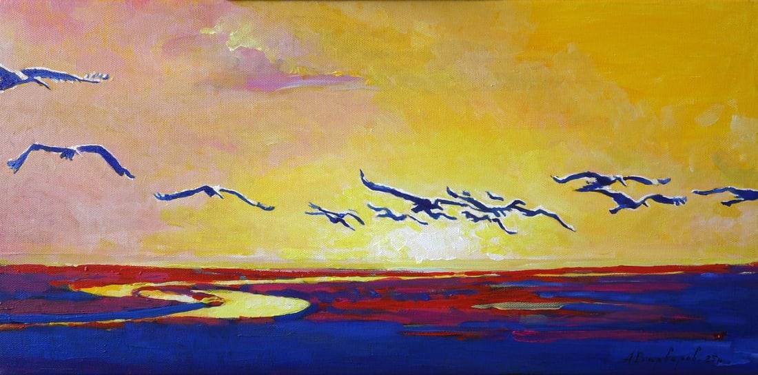 Oil painting Storks at Sunset Anatoly Varvarov: Varv 244*** ABOUT THIS PAINTING **** TITLE: "Storks at Sunset"* ARTISTS: Anatoly Varvarov* SIZE: 33x67 cm/12.99x26.37 inches'* MEDIUM: oil, canvas* HAND PAINTED: Original painting from our collection*
