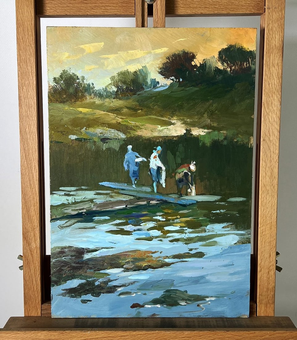 Oil painting They fill buckets at the lake Yuriy Suprunchuk: AAA6150*** ABOUT THIS PAINTING **** TITLE: " They fill buckets at The lake"* ARTISTS: Yuriy Suprunchuk* SIZE: 19.5x28.2 cm/7.67x11.10 inches'* MEDIUM: oil, hardboard* HAND PAINTED: Original painting