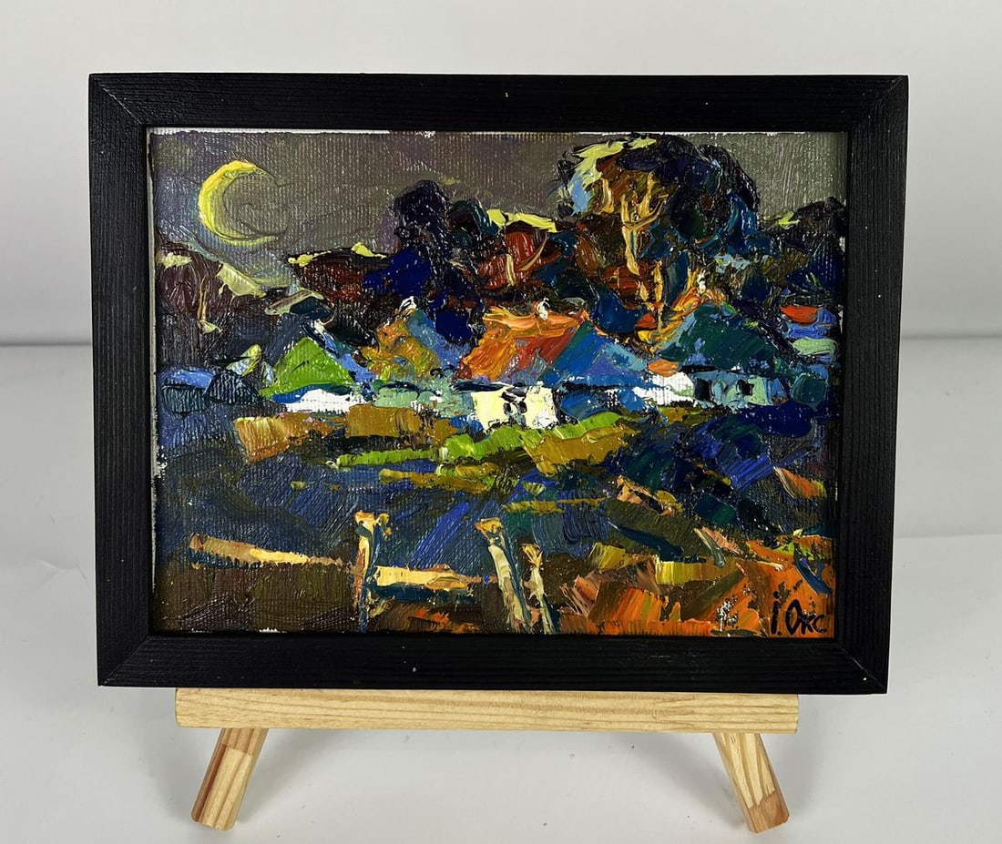 Oil painting The moon illuminates the village Oksana Ivanyuk: AAA6216*** ABOUT THIS PAINTING **** TITLE: " The moon illuminates The village"* ARTISTS: Oksana Ivanyuk* SIZE: 15x20 cm/5.90x7.87 inches'* MEDIUM: oil, canvas* HAND PAINTED: Original painting from our