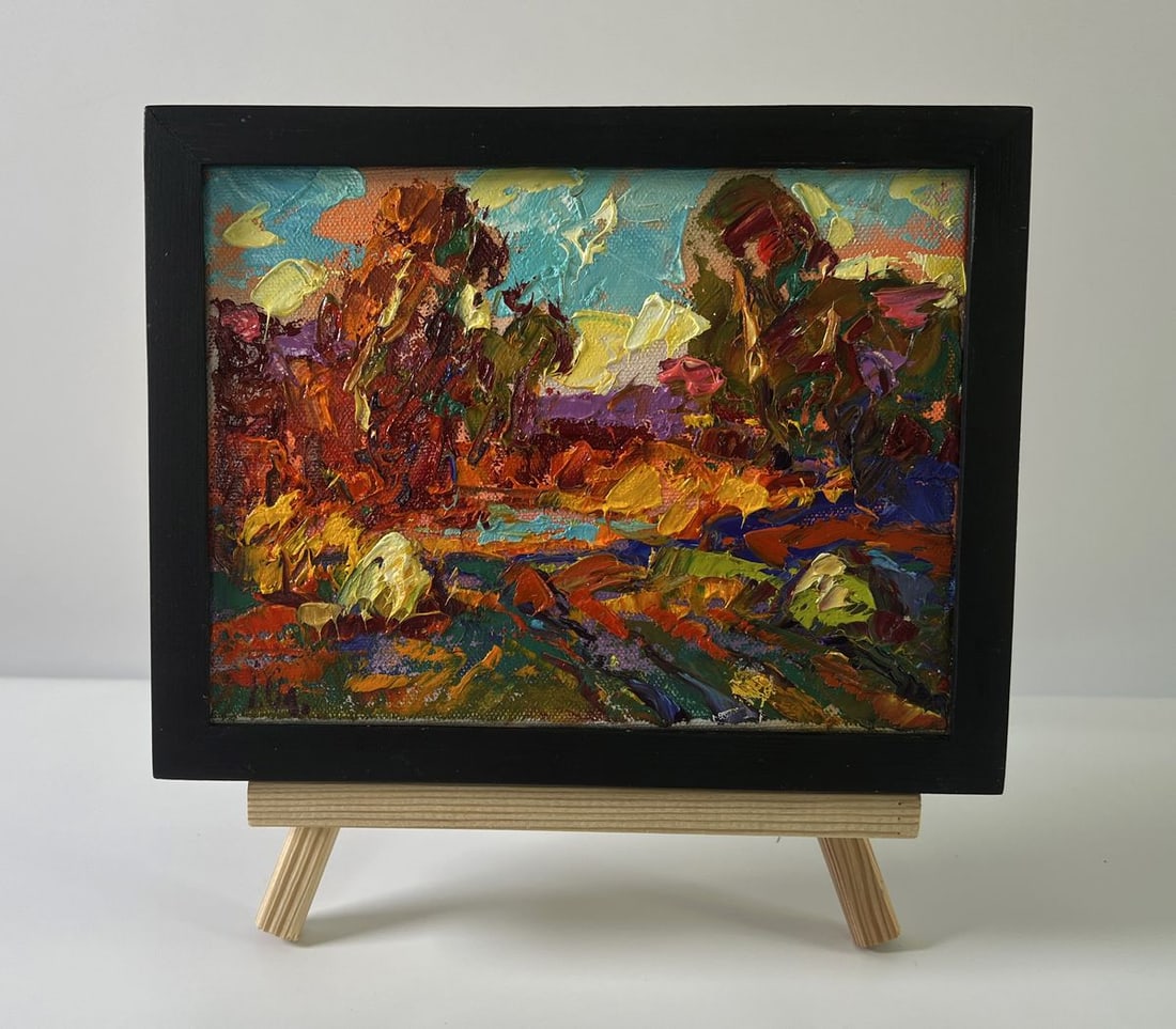 Oil painting Autumn evening Oleksiy Ivanyuk: AAA5594 The oil painting Canvas titled Autumn evening is an exuberant ode to The richness of The fall season, a vibrant portrayal that bursts with saturated tones and expressive textures, capturing no