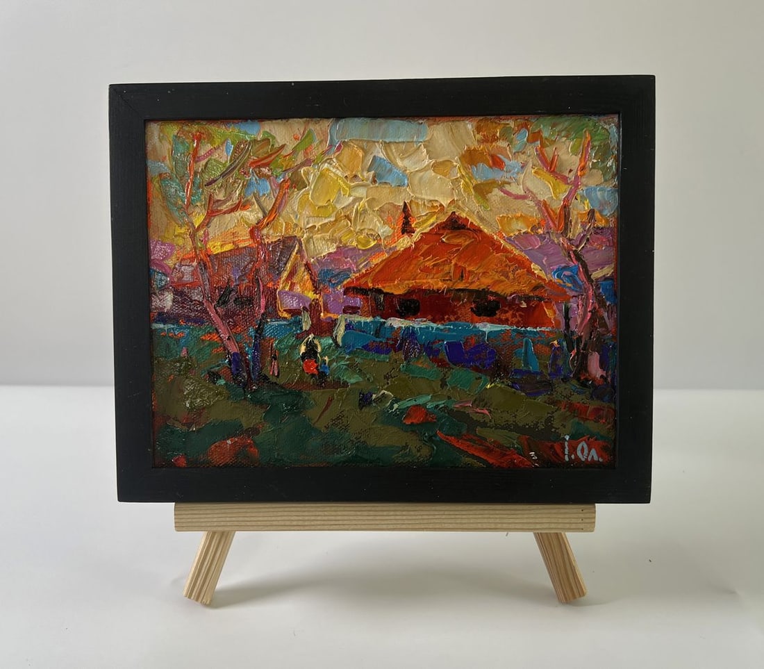 Oil painting Sunset village glow Oleksiy Ivanyuk: AAA5607 The oil painting Canvas titled Sunset village glow is a vivid and emotionally charged work that celebrates The beauty of twilight as it transforms an ordinary rural scene into a spectacle of c