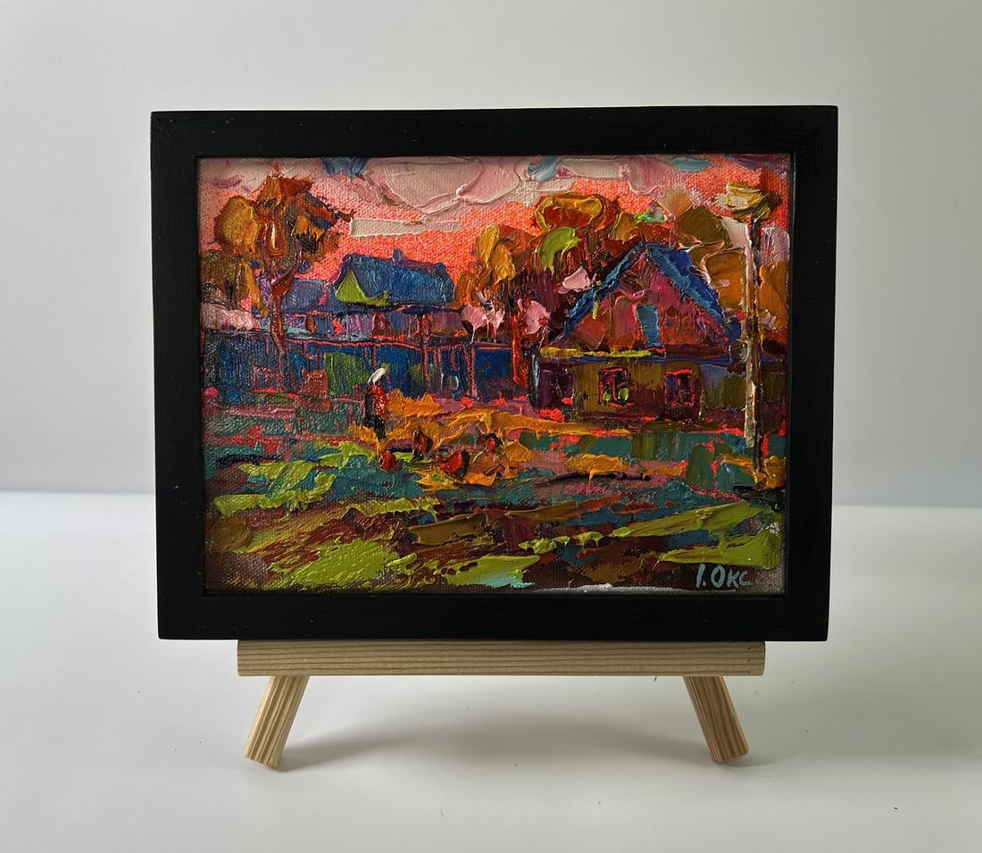 Oil painting Pink village evening Oksana Ivanyuk: AAA5626 The oil painting Canvas titled Pink village evening captures The viewer with an immediate sense of warmth and vibrancy, immersing Them into a rural scene suffused with The glow of twilight. Th