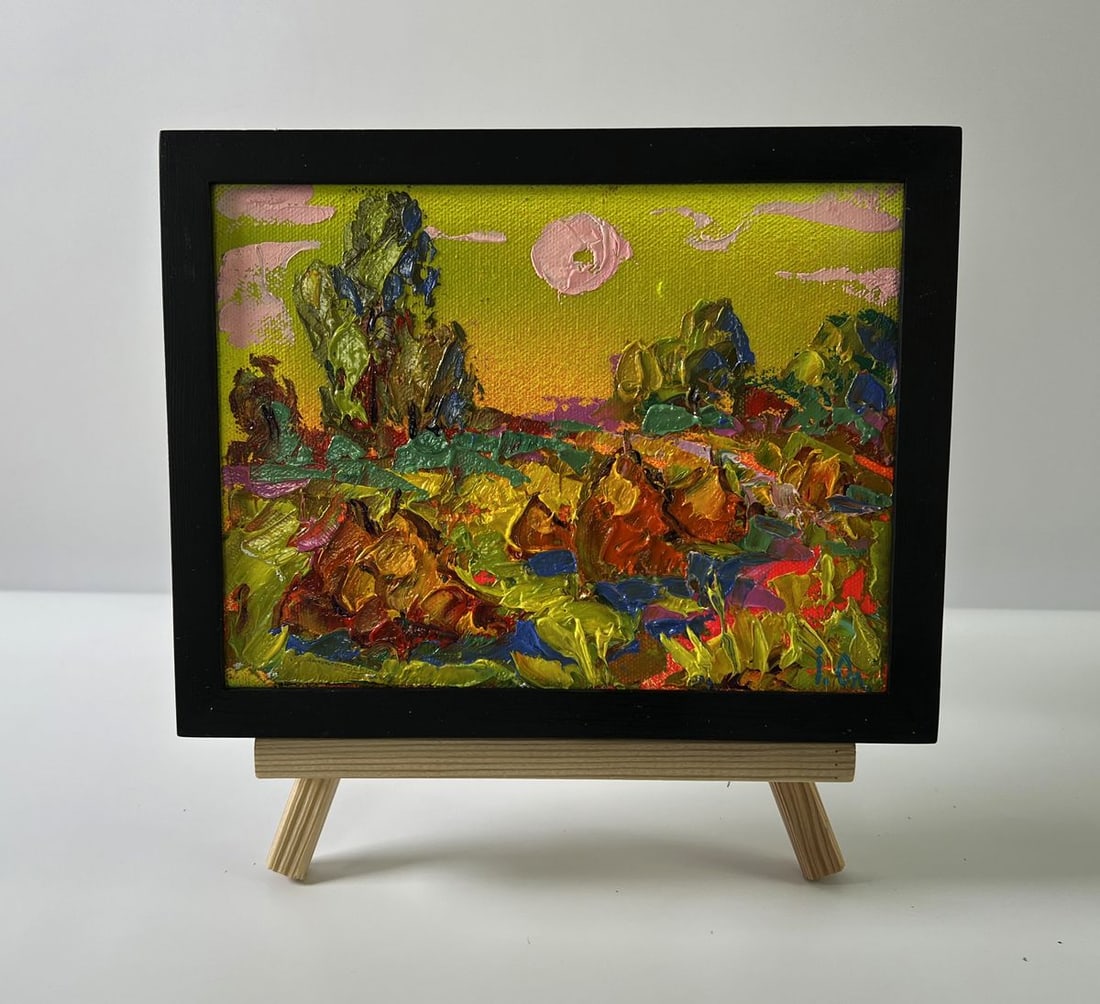 Oil painting The setting of the sun Oleksiy Ivanyuk: AAA5628 The oil painting Canvas titled The setting of The sun captures one of natures most timeless and poetic moments The transition between day and nightthrough a symphony of bold colors, thick text