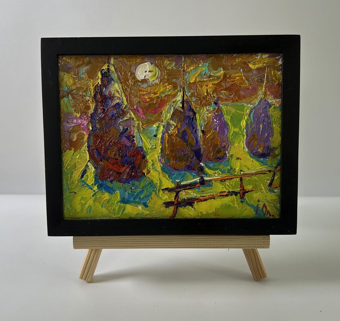 Oil painting Bright night over the field Oleksiy Ivanyuk: AAA5640 The oil painting Canvas titled Bright night over The field captures The enchanting atmosphere of a countryside night illuminated by The glowing presence of The moon. With thick, impasto brushs
