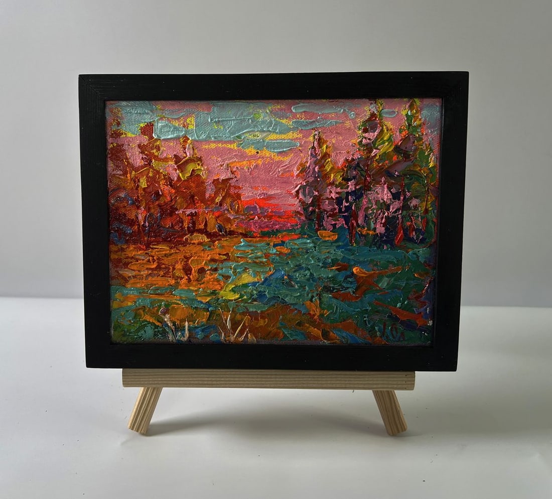 Oil painting Pink evening sunset Oleksiy Ivanyuk: AAA5660 The oil painting Canvas titled Pink evening sunset captures one of natures most fleeting yet breathtaking spectacles The moment when The sky transforms into a brilliant sea of pinks, reds,