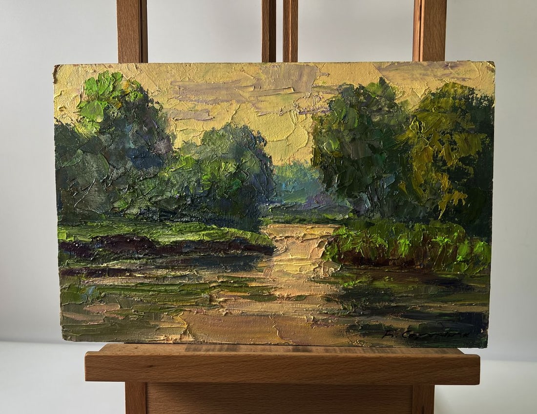 Oil painting Spring sunset over the river Boris Serdyuk: AAA5726 The oil painting Cardboard titled "Spring sunset over The river" presents a radiant celebration of light, color, and seasonal renewal, capturing The viewer with its golden tones and rich textu