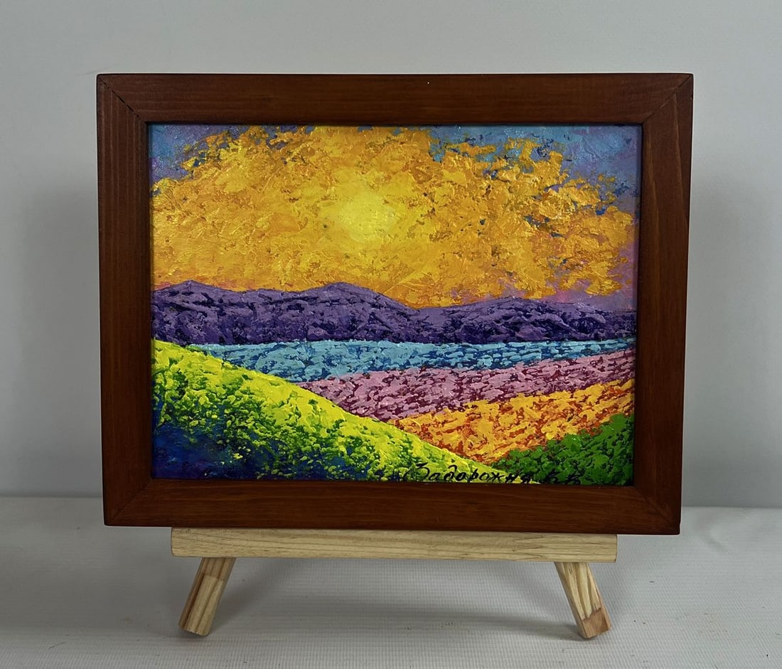 Oil painting Summer flower fields and sunset V. Zadorozhnya: AAA4667 The oil painting on cardboard titled "Summer Flower Fields and Sunset" presents a mesmerizing depiction of nature ba Thed in The warm glow of a setting sun. The artist uses a rich and expressi