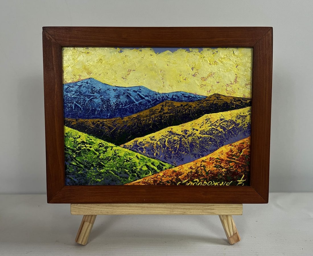 Oil painting Hiking in the mountains in the evening V. Zadorozhnya: AAA4672 The oil painting on cardboard titled "Hiking in The Mountains in The Evening" is a striking and emotionally evocative representation of a mountain landscape as The day transitions into night. 