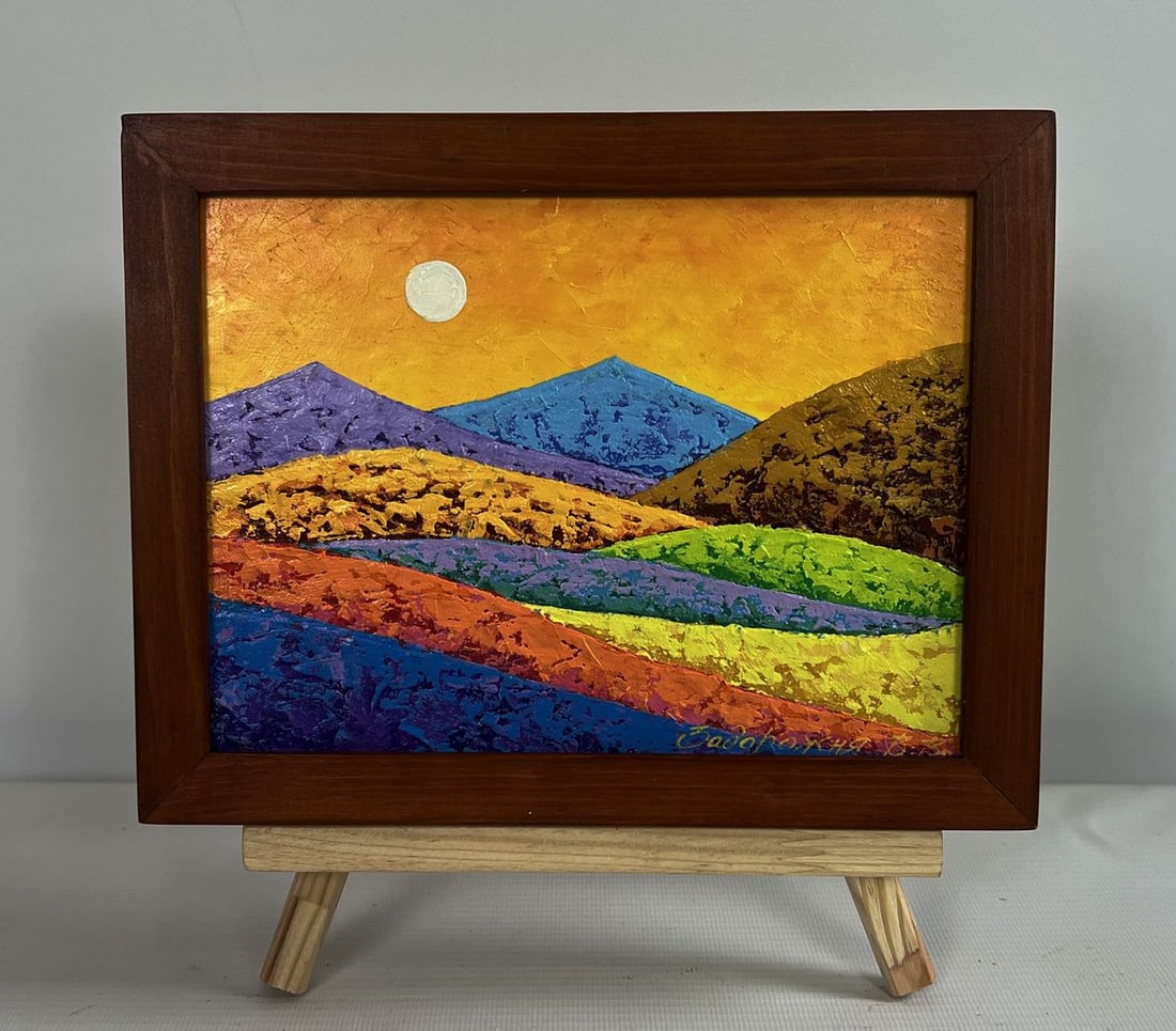 Oil painting Contrast between the beautiful V. Zadorozhnya: AAA4673 The oil painting on cardboard titled "Contrast Between The Beautiful" is a visually striking composition that masterfully plays with color, texture, and light to create a landscape that feels
