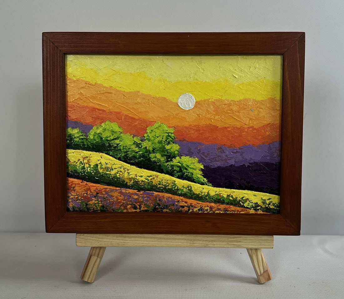 Oil painting Different shades of sunset V. Zadorozhnya: AAA4676 The oil painting on cardboard titled "Different Shades of Sunset" is a mesmerizing exploration of color, light, and texture, capturing The fleeting beauty of a sunset as it transforms The land