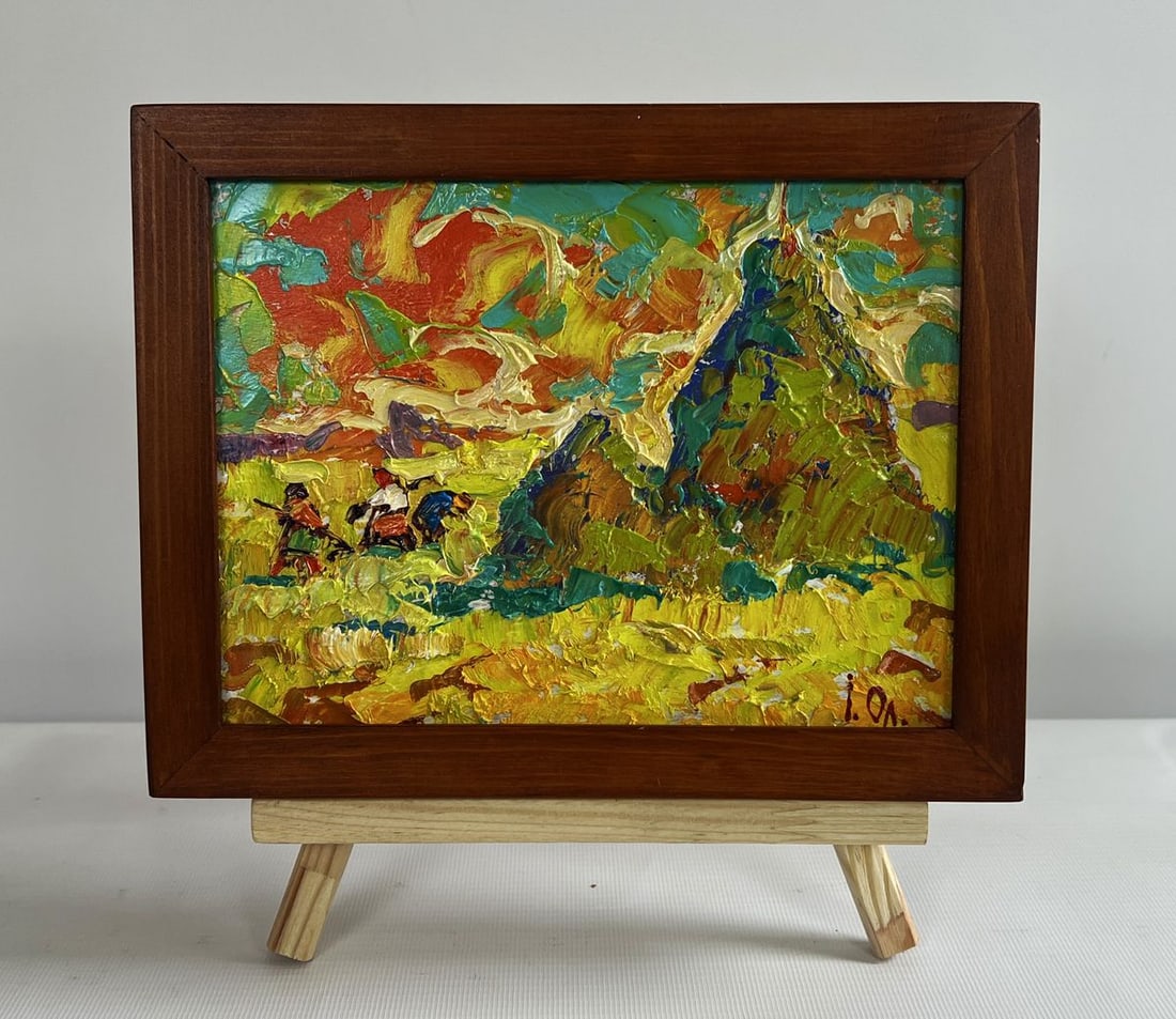 Oil painting Sunny hot day in the field Alex Kalenyuk: AAA4729 The oil painting on cardboard titled "Sunny Hot Day in The Field" radiates warmth and energy, capturing The essence of a scorching summer afternoon in The countryside. Through bold, expressive