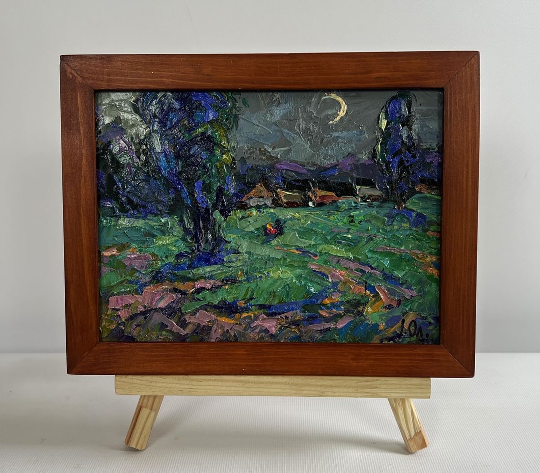 Oil painting Light from the moon Alex Kalenyuk: AAA4736 The oil painting on cardboard titled "Light from The Moon" presents a mesmerizing nocturnal landscape ba Thed in The e Thereal glow of moonlight. The artist masterfully captures The essence of