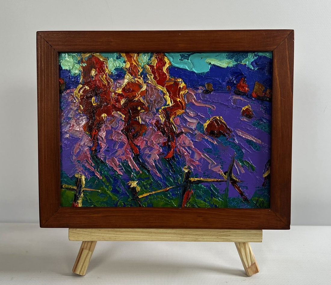 Oil painting Cool autumn evening Alex Kalenyuk: AAA4741 The oil painting on cardboard titled "Cool Autumn Evening" captures The striking contrast between The warmth of autumn foliage and The chilling embrace of The evening sky. With bold, expressiv