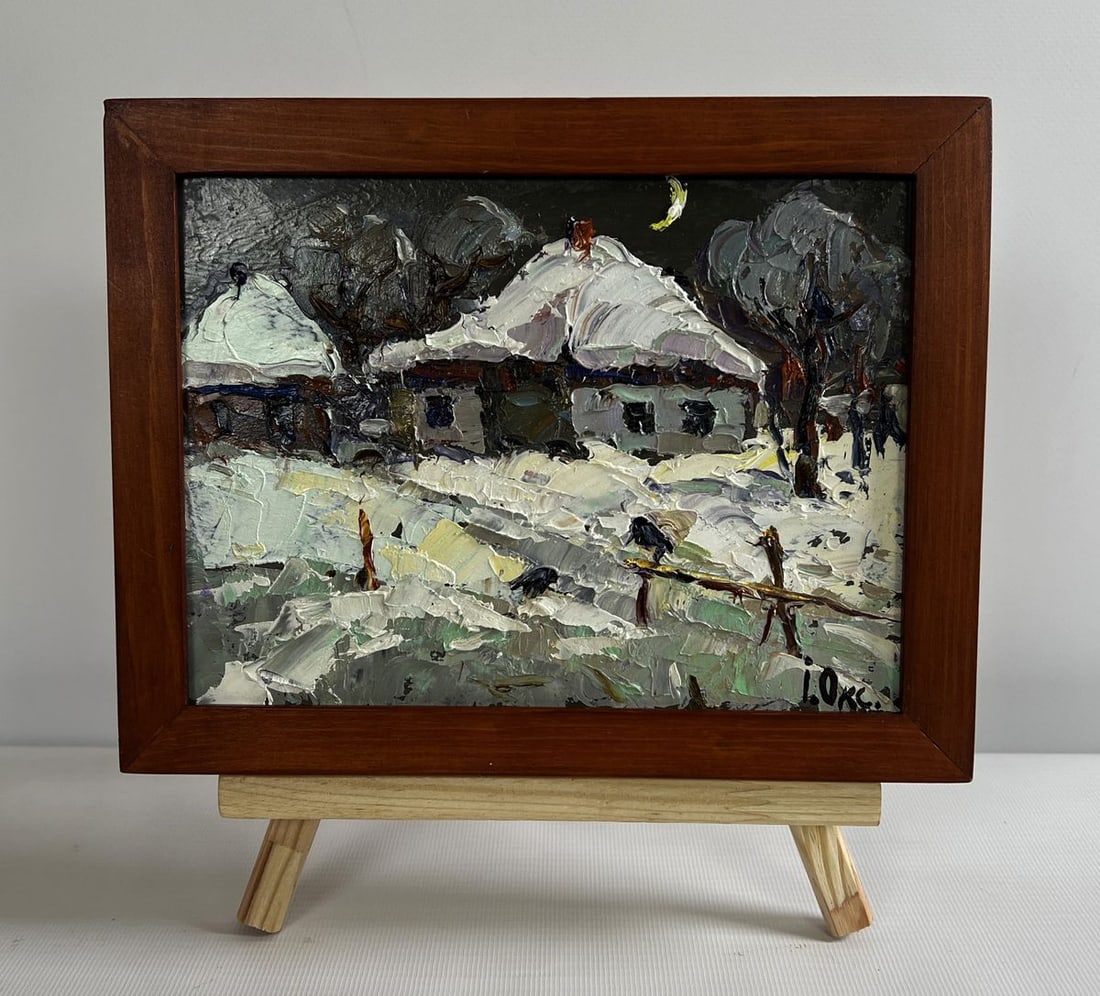 Oil painting Moonlit winter night Oksana Kalenyuk: AAA4745 The oil painting on cardboard titled "Moonlit Winter Night" beautifully captures The serene and mysterious atmosphere of a snowy village under The gentle glow of The moon. The artist masterful