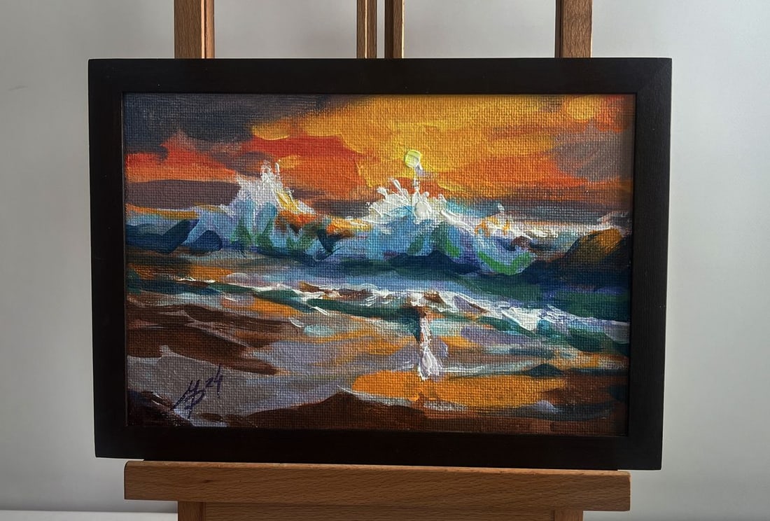 Acrylic painting The Romance of Sea Sunsets Mykhailo Patskan: AAA4800 The acrylic painting on cardboard titled " The Romance of Sea Sunsets" captures The breathtaking spectacle of The ocean meeting The sky at dusk, where The fiery glow of The setting sun casts a