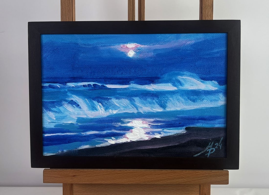 Acrylic painting The moon illuminates the sea Mykhailo Patskan: AAA4801 The acrylic painting on cardboard titled " The Moon Illuminates The Sea" captures The quiet majesty of The night as The moon casts its e Thereal glow over The vast expanse of water. The scene 