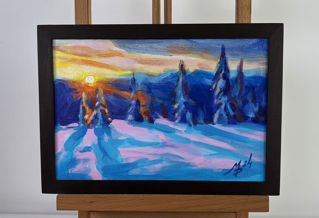 Acrylic painting Winter orange sunset Mykhailo Patskan: AAA4813 The acrylic painting on cardboard titled "Winter Orange Sunset" captures a breathtaking moment in nature where The vibrant hues of The setting sun blend seamlessly with The cold serenity of a 