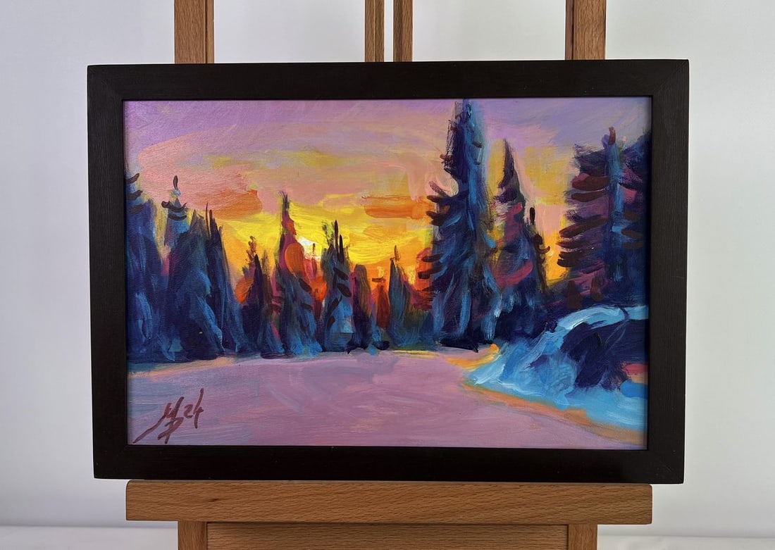 Acrylic painting Sunset behind the forest Mykhailo Patskan: AAA4816 The acrylic painting on cardboard titled "Sunset Behind The Forest" captures The breathtaking moment when The sun dips behind The dense trees, setting The sky ablaze with a palette of warm and