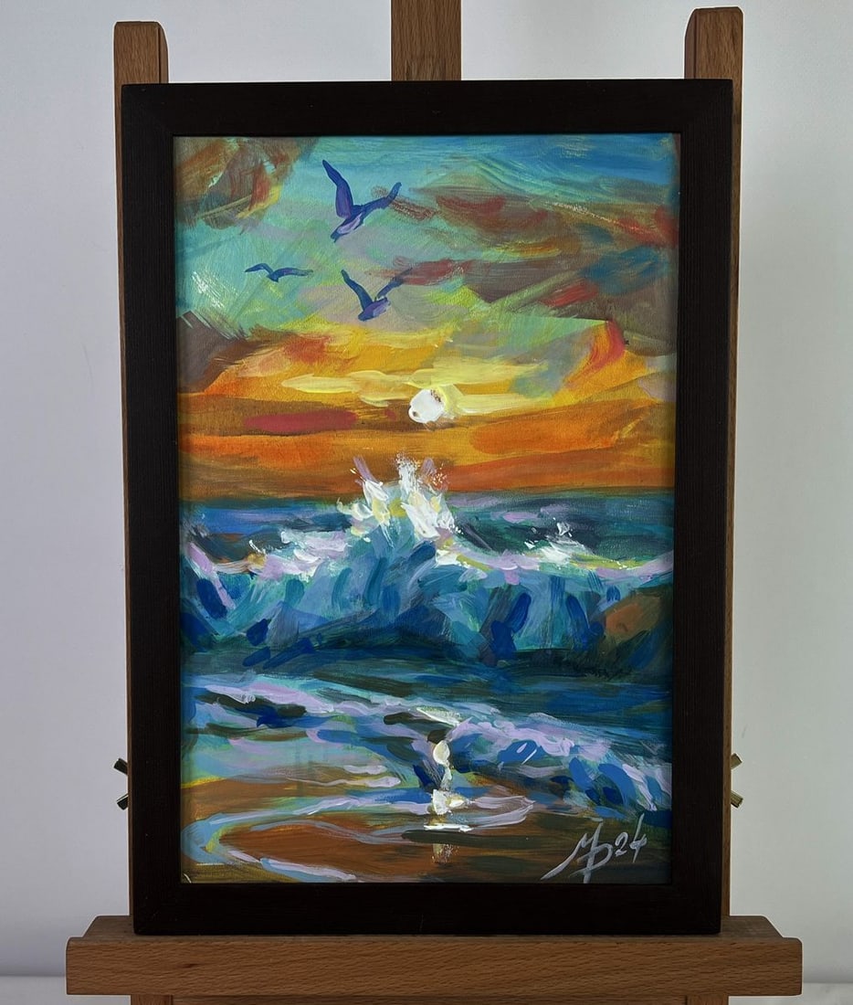 Acrylic painting Seagulls over the sea and sunset Mykhailo Patskan: AAA4833 The acrylic painting on cardboard titled "Seagulls over The Sea and Sunset" captures a breathtaking seascape ba Thed in The warm, golden hues of a setting sun. The composition evokes a sense