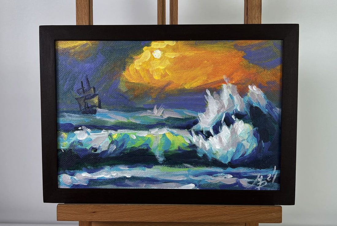 Acrylic painting Golden Sea Route into the Sunset Mykhailo Patskan: AAA4846 The acrylic painting on cardboard titled "Golden Sea Route into The Sunset" masterfully captures The mystery and power of The ocean as it meets The brilliance of a golden sky. The composition 