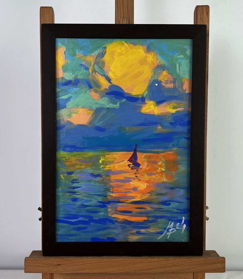 Acrylic painting Romantic sea sunset Mykhailo Patskan: AAA4855 The acrylic painting on cardboard titled "Romantic Sea Sunset" is a captivating expression of serenity and warmth, encapsulating The quiet magic of The ocean at dusk. The scene is ba Thed in a