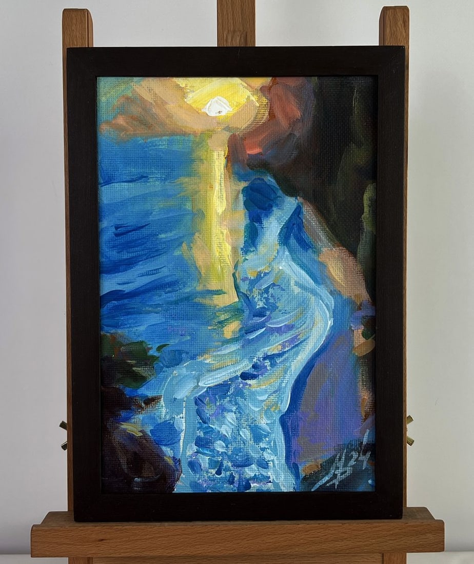 Acrylic painting Yellow sunset at sea Mykhailo Patskan: AAA4860 The acrylic painting on cardboard titled "Yellow Sunset at Sea" captures a mesmerizing moment when The golden glow of The setting sun meets The deep, ever-moving waters of The ocean. The artis
