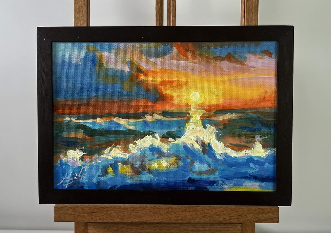 Acrylic painting Yellow sunset at sea Mykhailo Patskan: AAA4883 The acrylic painting on cardboard titled "Yellow Sunset at Sea" captures a fleeting and powerful moment in nature when The sun, golden and luminous, begins its descent over The ocean, casting 