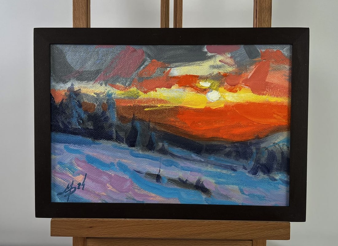 Acrylic painting Crimson winter evening Mykhailo Patskan: AAA4895 The acrylic painting on cardboard titled "Crimson Winter Evening" immerses The viewer in a breathtaking fusion of warmth and cold, silence and tension, all contained within a fleeting moment