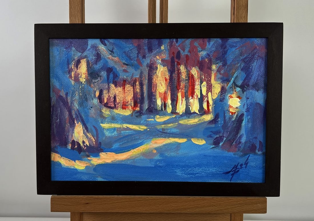 Acrylic painting Rays of sun in the winter forest Mykhailo Patskan: AAA4897 The acrylic painting on cardboard titled "Rays of Sun in The Winter Forest" captures a fleeting yet magical moment when light pierces The cold, serene stillness of a snowy woodland. The