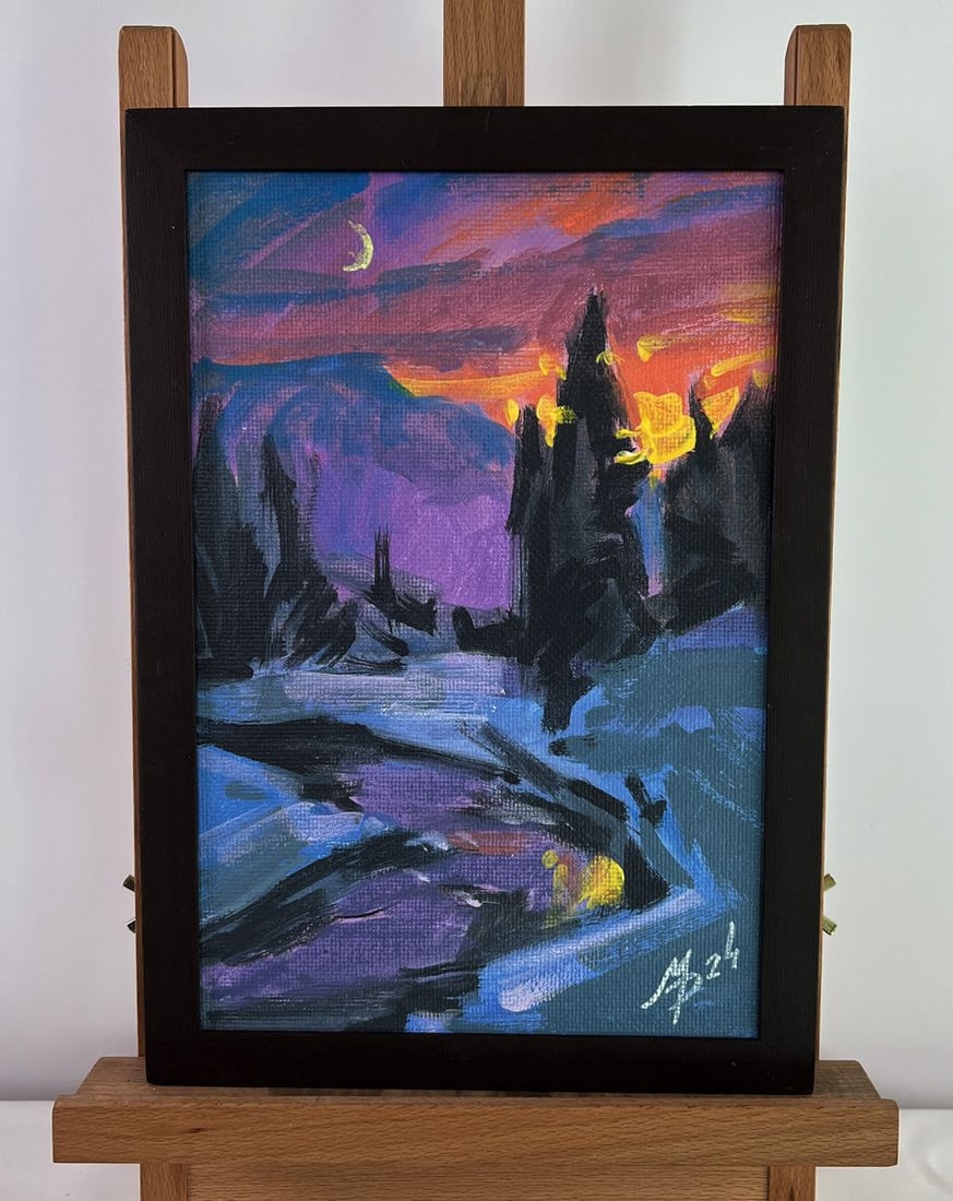 Acrylic painting A young moon behind the clouds Mykhailo Patskan: AAA4919 The acrylic painting on cardboard titled "A Young Moon Behind The Clouds" captures The magical stillness of a winter evening just after sunset, where nature rests beneath a sky alive with fadi