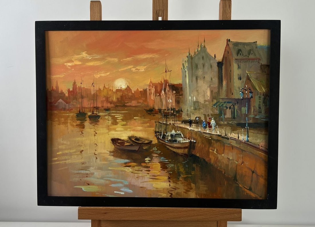 Oil painting Venice romantic sunset Yuriy Suprunchuk: AAA4948 The oil painting on cardboard titled "Venice Romantic Sunset" is a breathtaking portrayal of The citys famed magic as it surrenders to The golden hues of dusk. The scene is set at The water's 