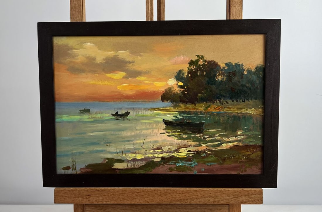 Oil painting Orange sunset over the river Yuriy Suprunchuk: AAA4980 The oil painting on cardboard titled "Orange Sunset over The River" captures a tranquil moment at The edge of The day, where nature slowly winds down beneath The golden hues of a setting sun. 