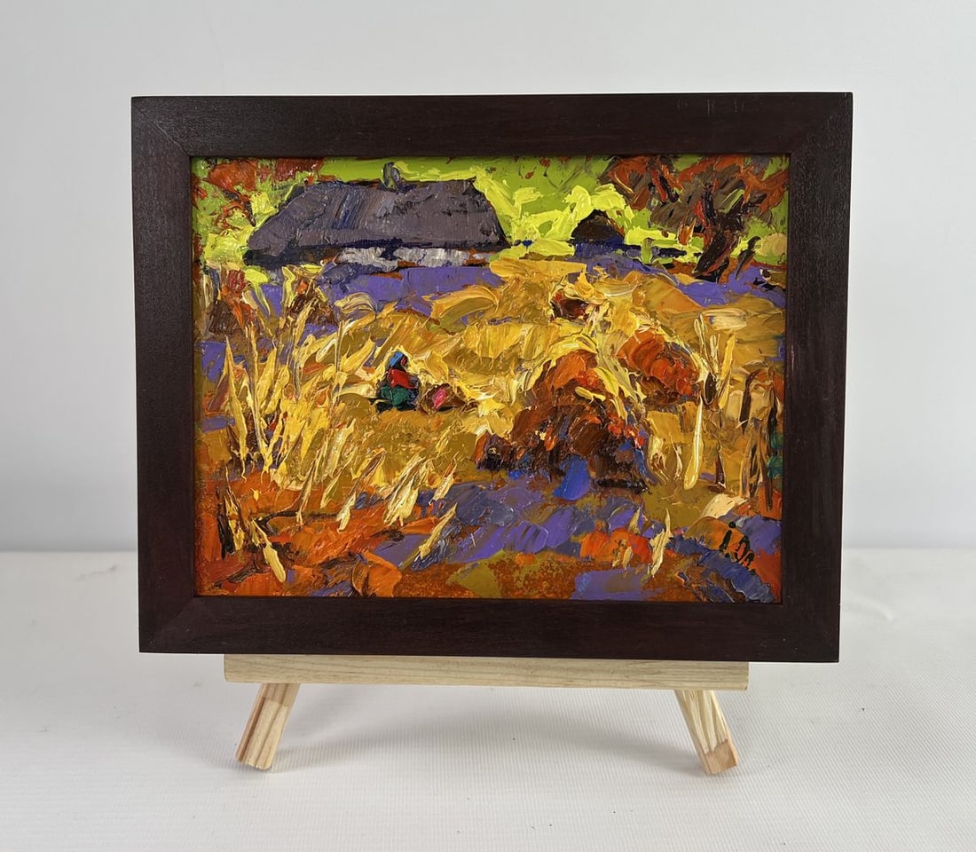 Oil painting After the harvest peace Alex Kalenyuk: AAA5064 The oil painting on Cardboard titled "After The Harvest - Peace" captures a profound stillness and a moment of reflection in a rural landscape, ba Thed in The glow of golden fields and enriche