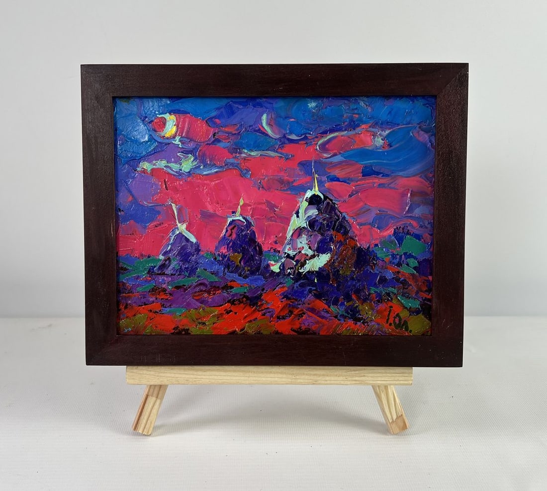 Oil painting The moonlit night whispers silence Alex Kalenyuk: AAA5075 The oil painting on Cardboard titled " The moonlit night whispers silence" evokes a hauntingly beautiful atmosphere of a surreal twilight landscape where nature and architecture merge into a d