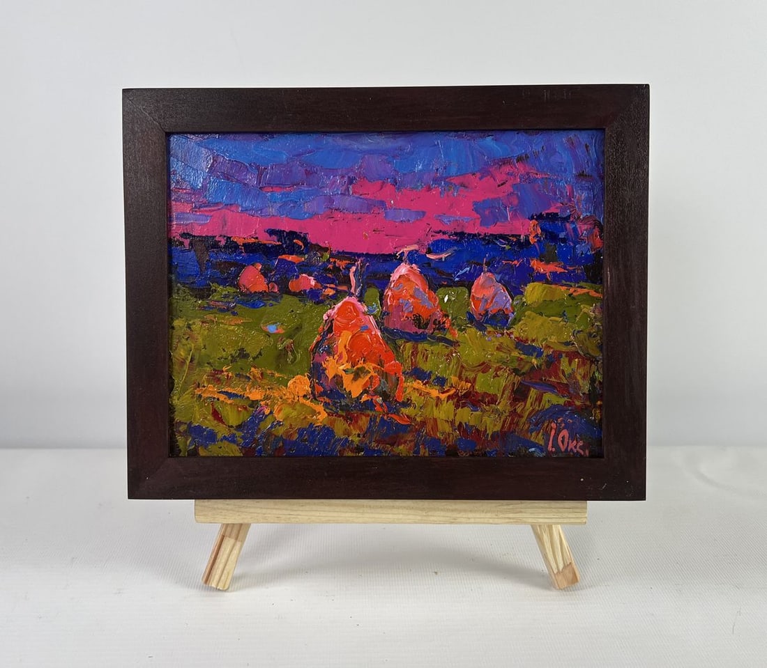 Oil painting Evening silence in the field Oksana Kalenyuk: AAA5107 The oil painting on Cardboard titled "Evening Silence in The Field" is a vivid, emotionally charged landscape that captures The almost surreal stillness of nature as day succumbs to night. Wit