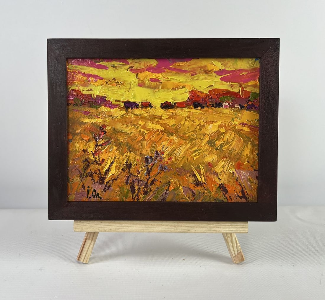 Oil painting Silence in the pasture Alex Kalenyuk: AAA5111 The oil painting on Cardboard titled "Silence in The pasture" immerses The viewer in The golden stillness of a rural landscape at dusk, where light and color become The language of peace. This