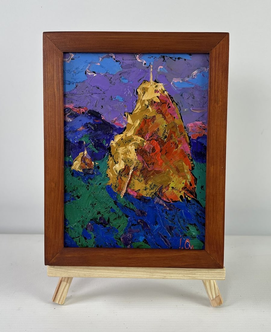 Oil painting Evening shadows on the path Alex Kalenyuk: AAA5122 The oil painting on Cardboard titled "Evening Shadows on The Path" captures The moment when The day's light slips beneath The horizon, and color begins to dominate form in a vibrant, expressiv